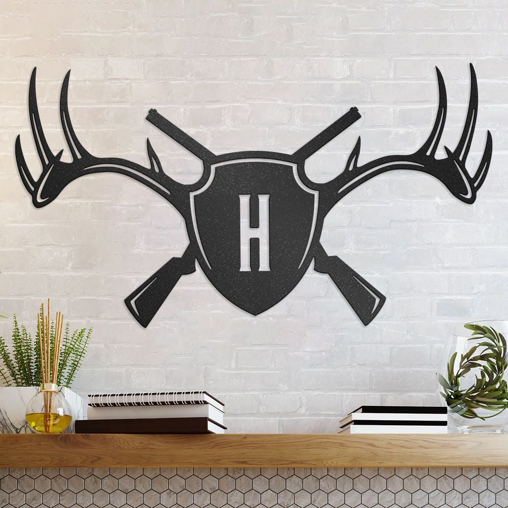 Deer Antlers & Rifles Monogram Shield Metal Sign, Personalized Family Letter