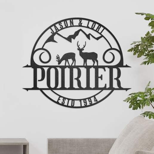 Deer With Mountains, Personalized Metal Wall Art With Family Name & Custom Text