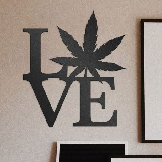 Love With Pot Leaf Stacked Letter Metal Wall Art, Decorative Metal Weed Sign