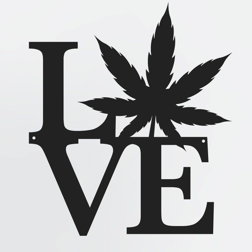 Love With Pot Leaf Stacked Letter Metal Wall Art, Decorative Metal Weed Sign