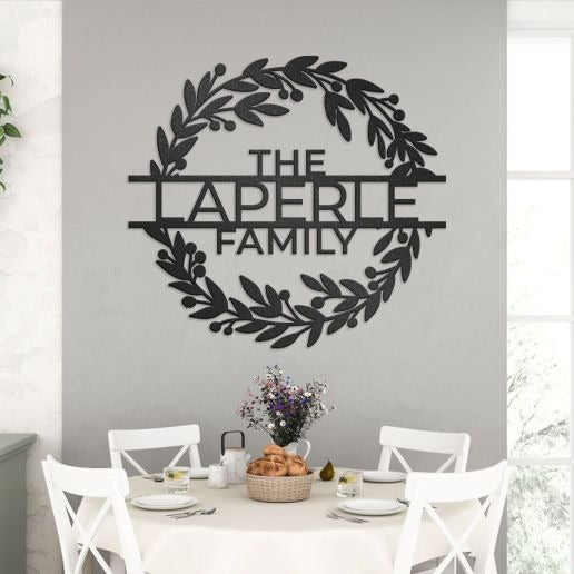 Family Name Wreath Wall Decor, Personalized Metal Sign With Last Name