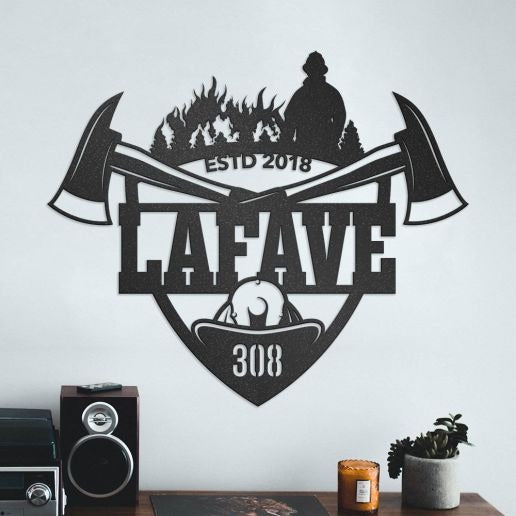 Personalized Fireman Metal Art With Cross Axe, Helmet & Forest Fire, Custom Firefighter Wall Art