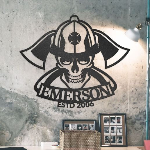 Firefighter Wall Art Of Fireman Skull In Helmet With Cross Axe, Custom Metal Sign With Name & Established Date