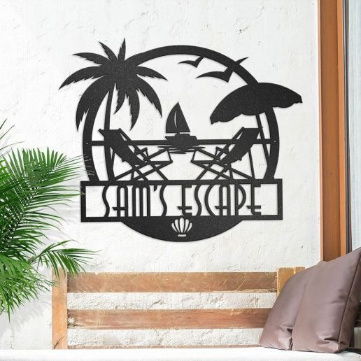 Patio Wall Art of Beach Chairs With Waterfront View, Outdoor Metal Sign For Backyard Retreat