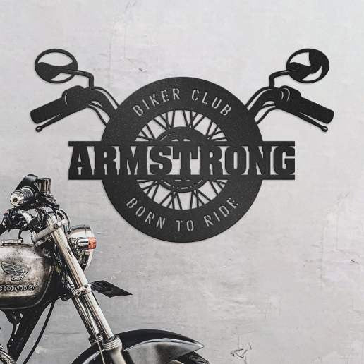 Motorcycle Metal Sign of Wheel & Handlebars, Biker Sign With Name & Custom Text