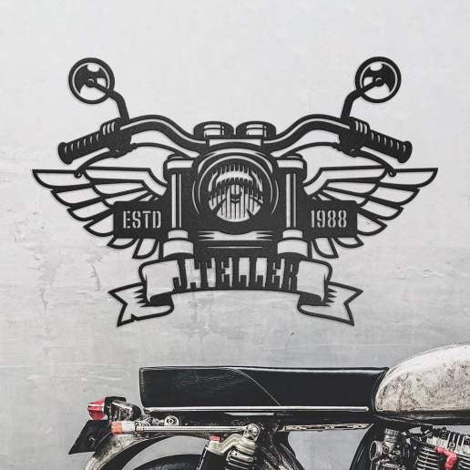 Motorcycle Metal Art With Handlebars, Wings, Custom Name & Date, Personalized Biker Sign