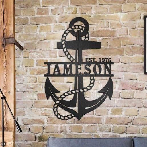Metal Anchor Decor With Rope, Custom Name & Established Date, Personalized Nautical Metal Sign