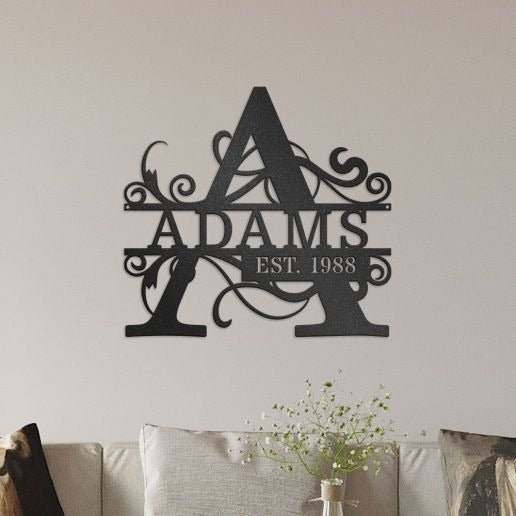 Split Letter Monogram With Optional Established Date, Personalized Metal Sign With Family Name
