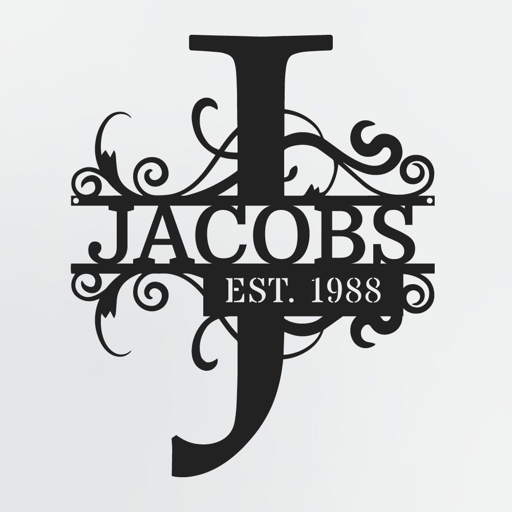 Split Letter Monogram With Optional Established Date, Personalized Metal Sign With Family Name