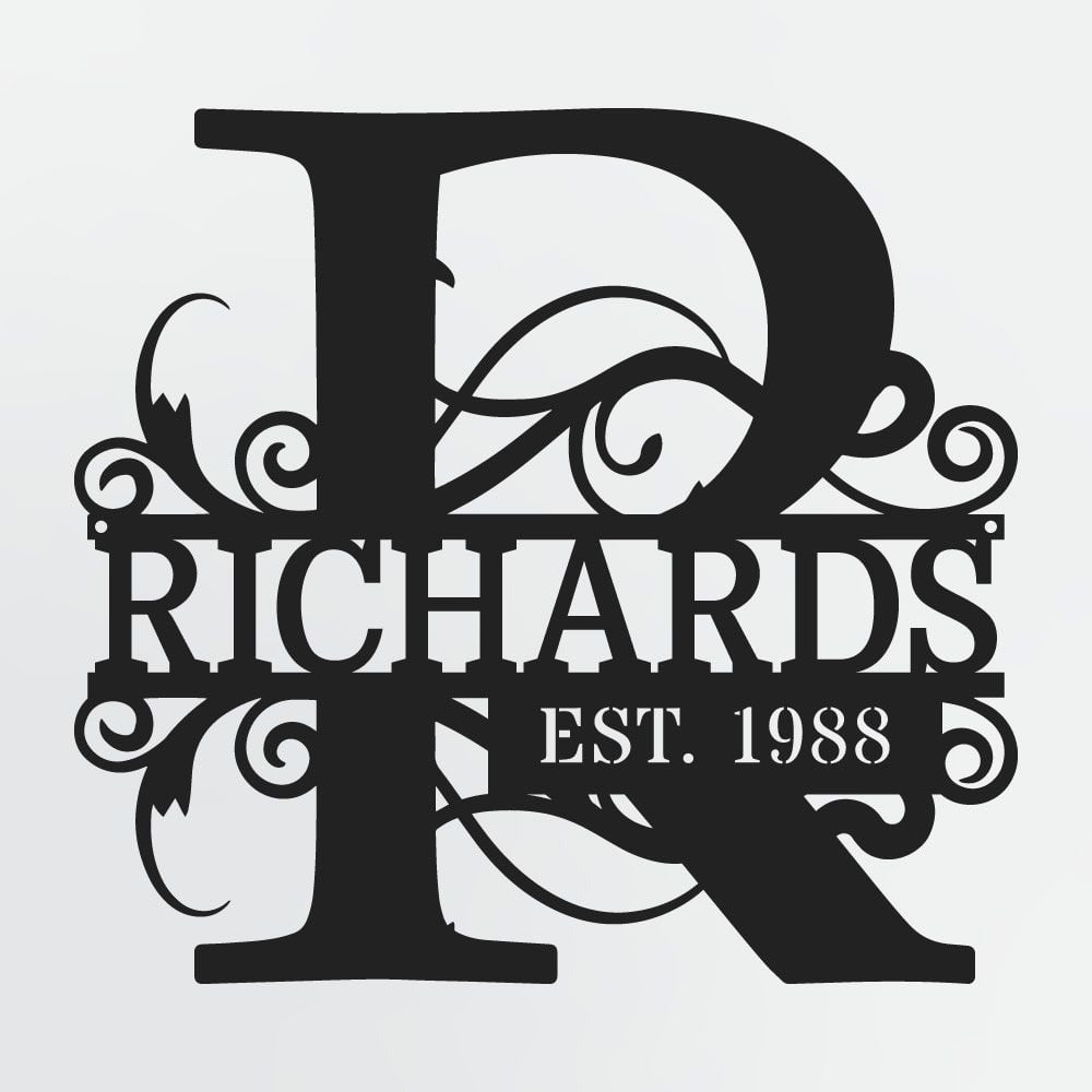 Split Letter Monogram With Optional Established Date, Personalized Metal Sign With Family Name