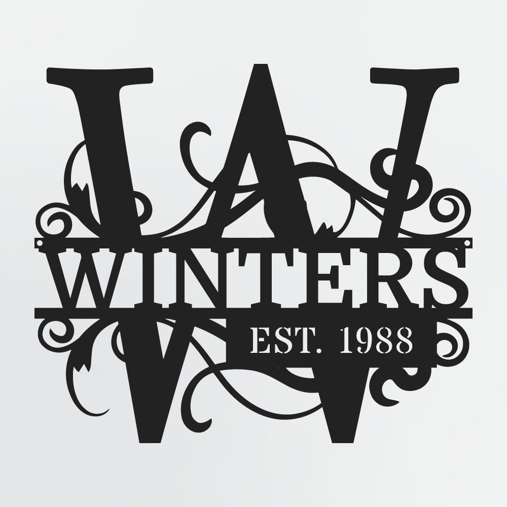 Split Letter Monogram With Optional Established Date, Personalized Metal Sign With Family Name