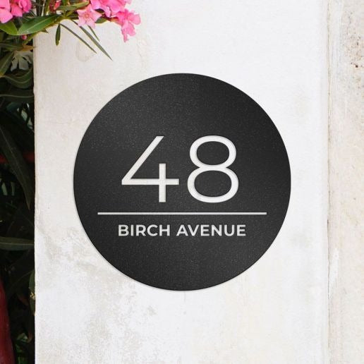 Circle Address Plaque With Custom House Number & Street Name, Personalized Solid Framed Metal Sign