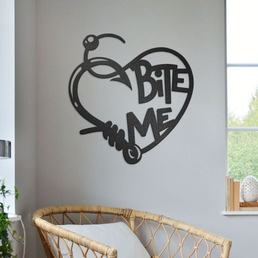 Love For Fishing Sign, Bite Me With Fishing Hook & Line, Heart Shaped Metal Wall Art