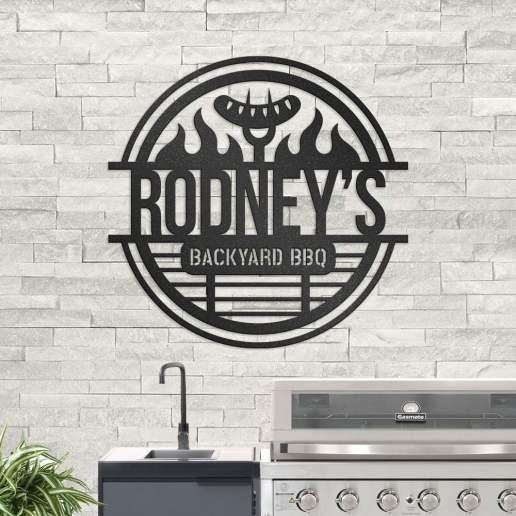 Barbecue Sign With Flames & Custom Text, Personalized Metal Sign For Outdoor Grill