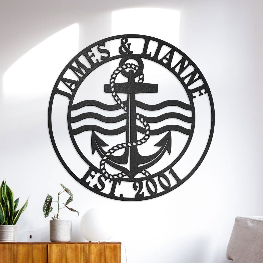 Boating Metal Sign With Anchor, Rope & Custom Text, Personalized Metal Wall Art for Boaters