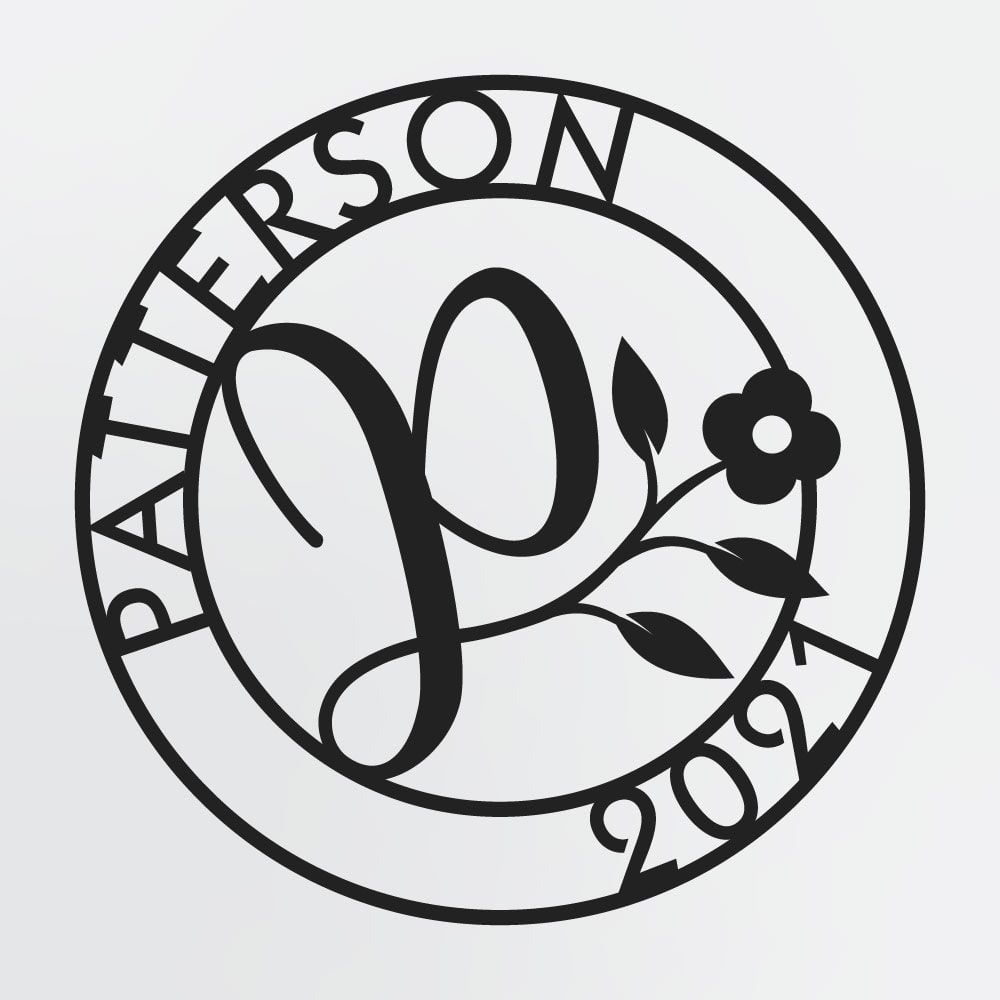 Floral Monogram In Circle With Family Name & Established Year, Personalized Metal Sign
