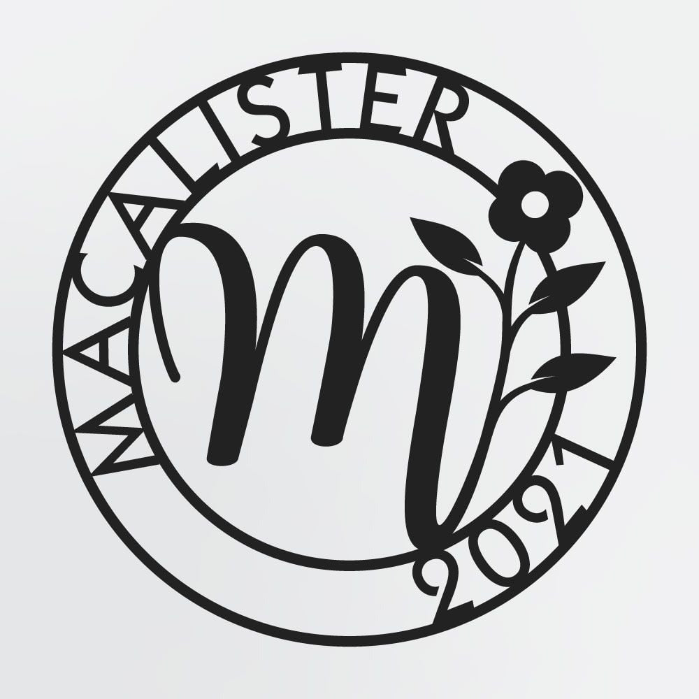 Floral Monogram In Circle With Family Name & Established Year, Personalized Metal Sign