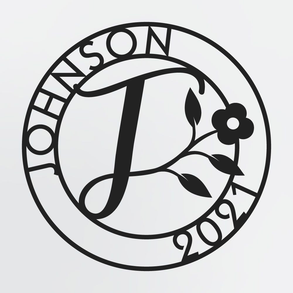 Floral Monogram In Circle With Family Name & Established Year, Personalized Metal Sign