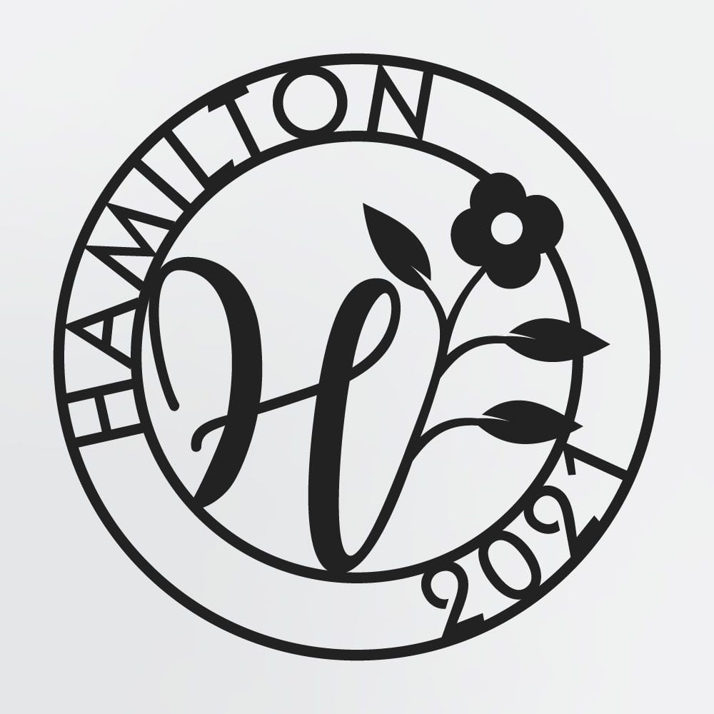Floral Monogram In Circle With Family Name & Established Year, Personalized Metal Sign