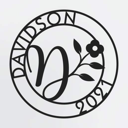 Floral Monogram In Circle With Family Name & Established Year, Personalized Metal Sign