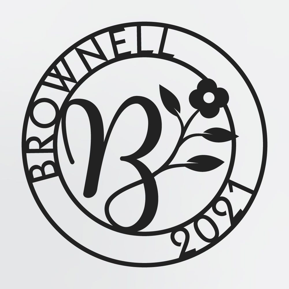 Floral Monogram In Circle With Family Name & Established Year, Personalized Metal Sign