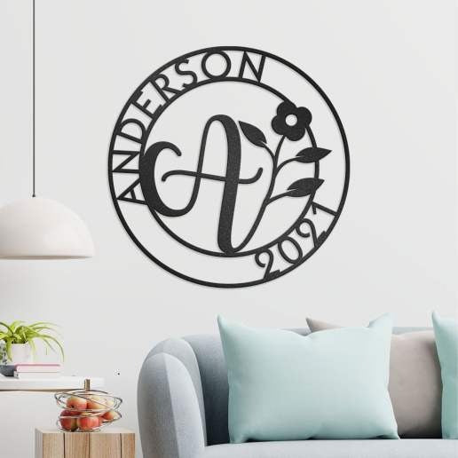 Floral Monogram In Circle With Family Name & Established Year, Personalized Metal Sign