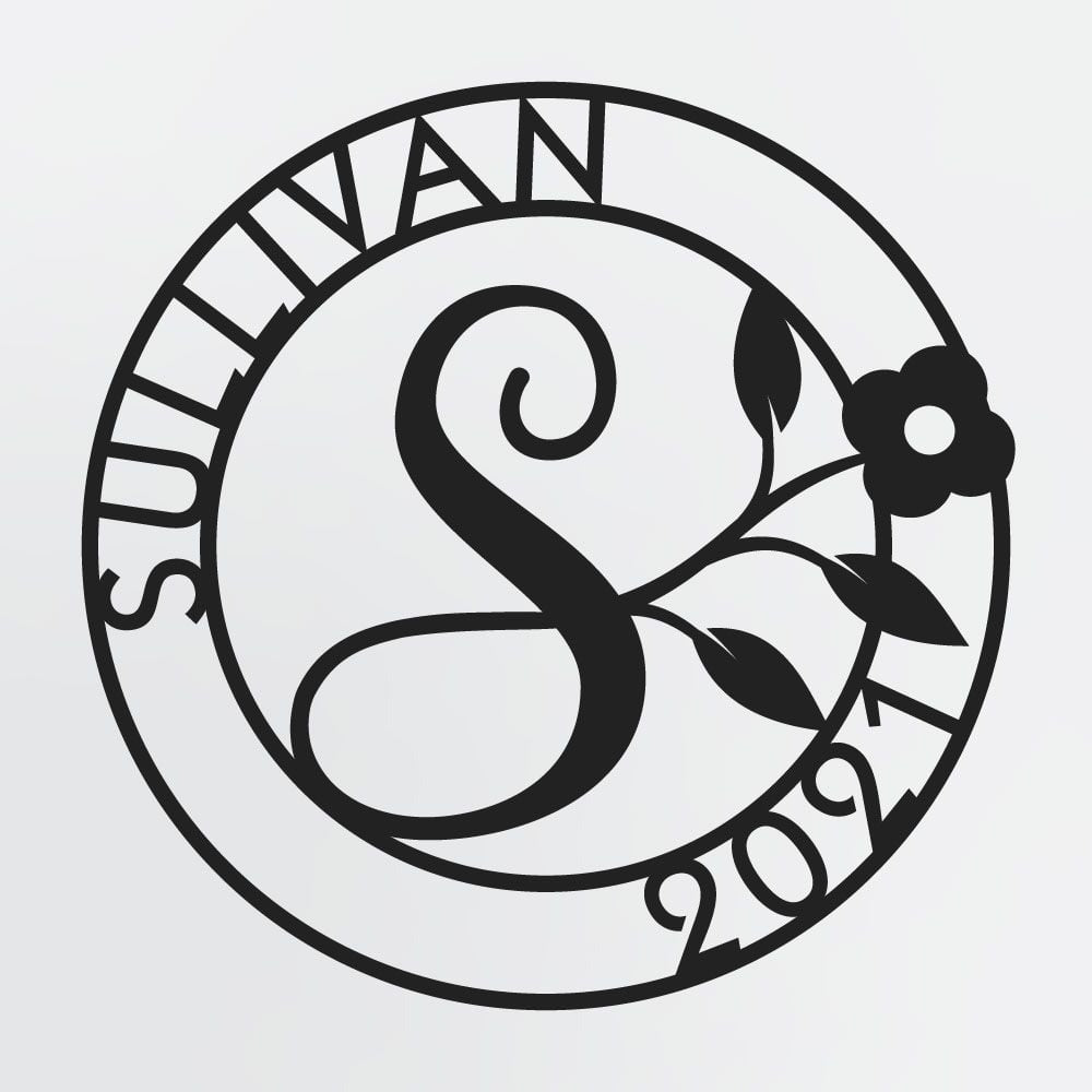 Floral Monogram In Circle With Family Name & Established Year, Personalized Metal Sign
