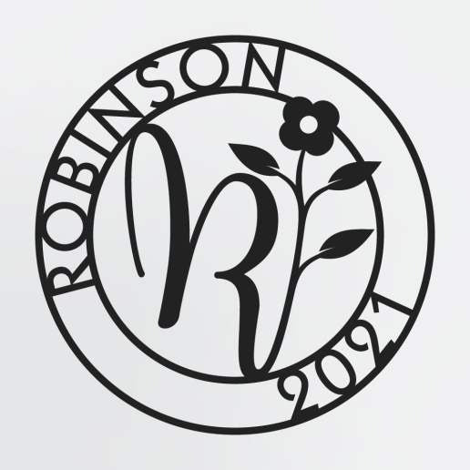 Floral Monogram In Circle With Family Name & Established Year, Personalized Metal Sign
