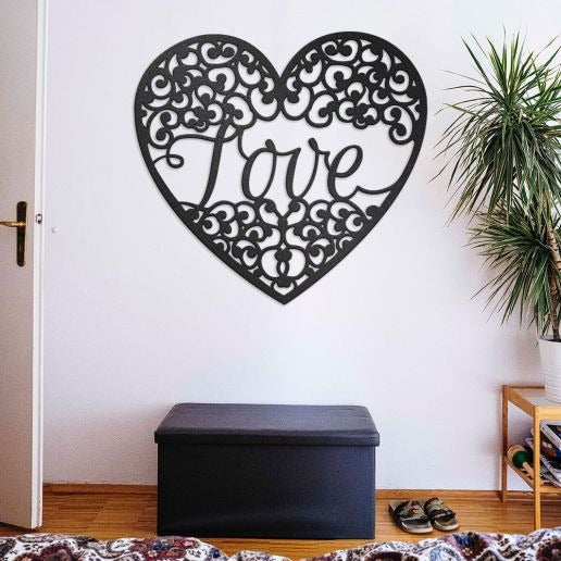Heart Metal Wall Art With Word Love, Decorative Metal Sign of Heart Framing the Word Love