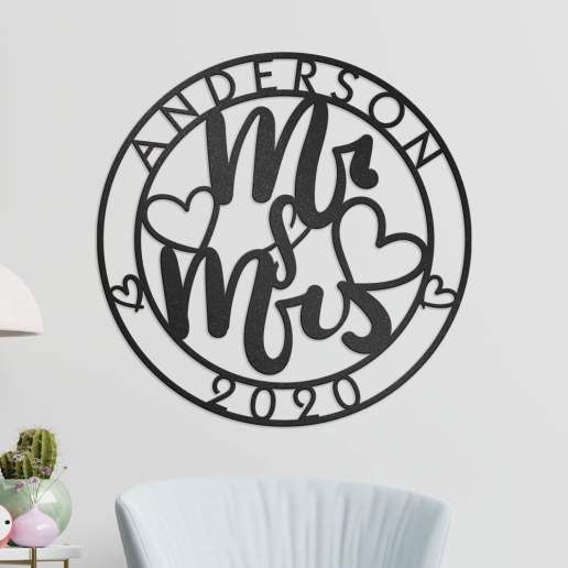 Mr And Mrs Metal Sign With Custom Name And Established Date, Personalized Metal Wall Art