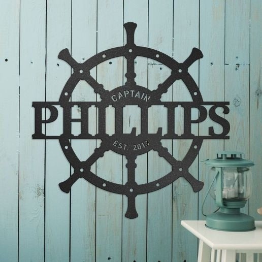 Nautical Metal Sign, Captain With Custom Name & Established Date, Helm Wheel Wall Art