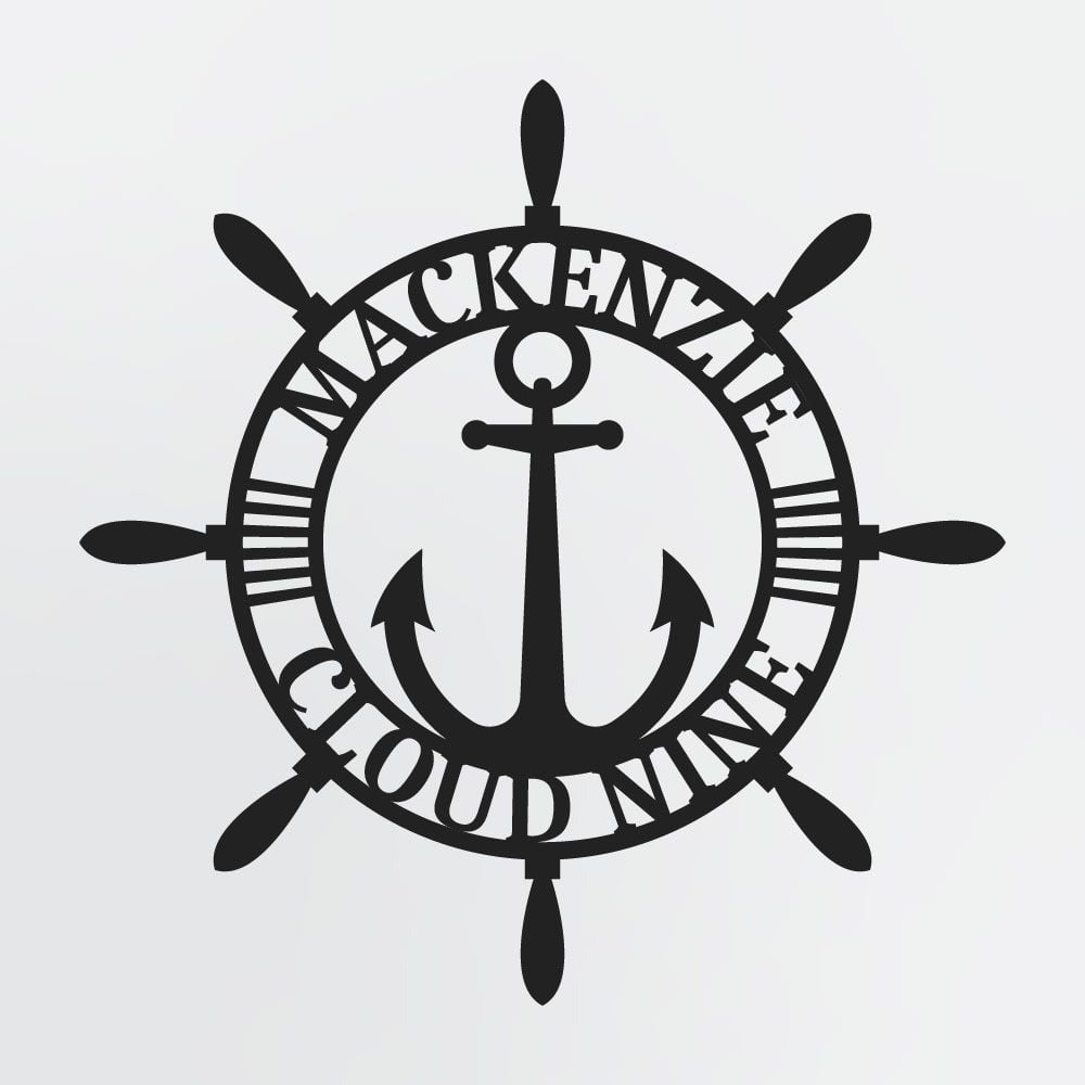 Nautical Metal Wall Art, Anchor With Custom Text in Helm Wheel Personalized Metal Sign