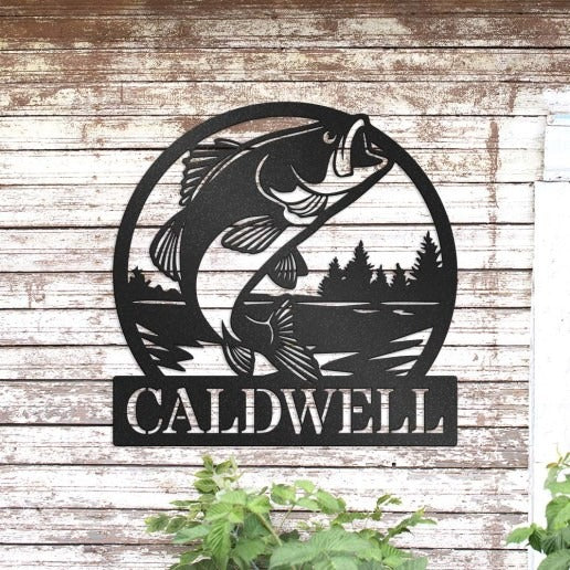 Fish Jumping Out of Water, Bass Metal Sign Personalized With Custom Name
