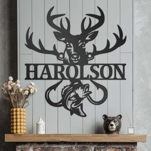 Hunting And Fishing Custom Metal Sign With Name, Deer Head, Antlers, Fish And Hooks