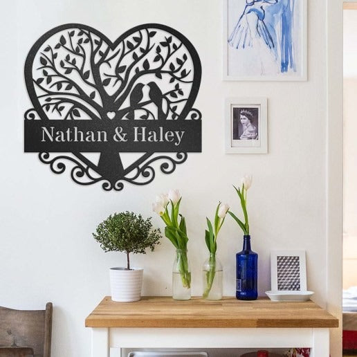 Heart Sign For Couples With Custom Text, Lovebirds in Tree Personalized Wall Art