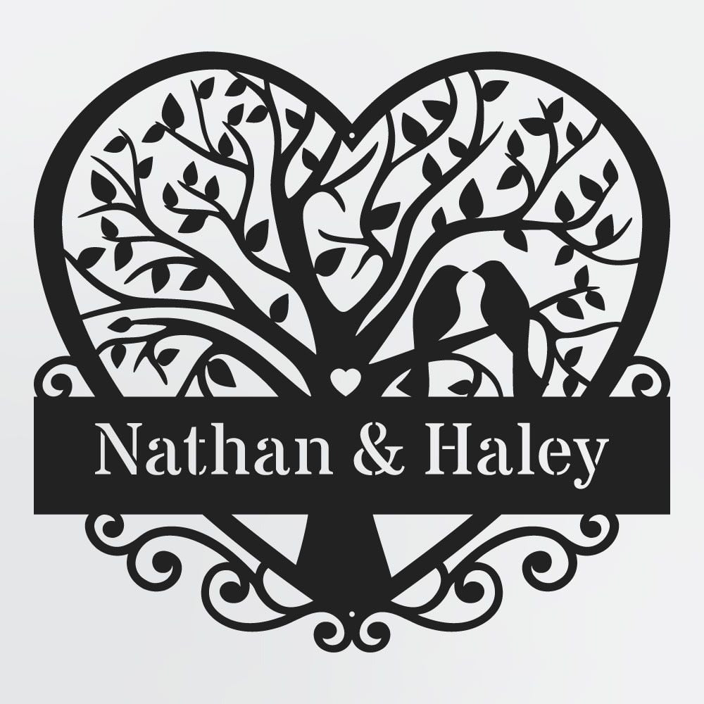 Heart Sign For Couples With Custom Text, Lovebirds in Tree Personalized Wall Art
