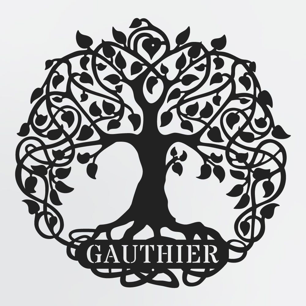Tree of Life Art With Family Name In Roots, Custom Metal Sign Of Family Tree