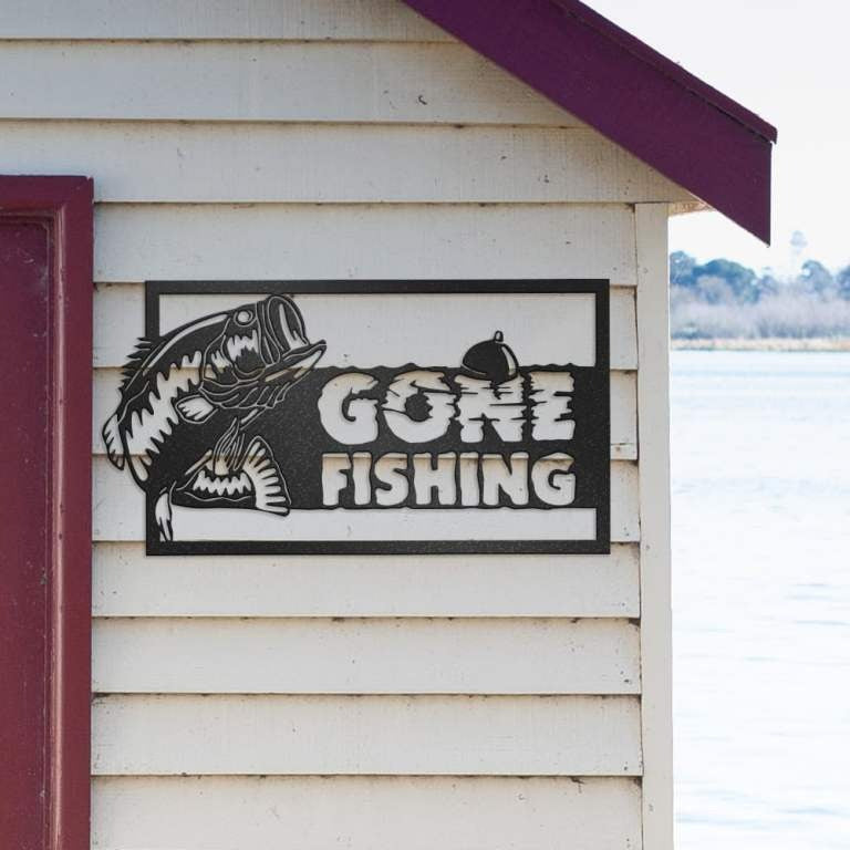 Gone Fishing Sign With Jumping Fish & Bobber, Metal Fishing Decor