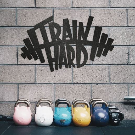 Train Hard Motivational Sign for Gym, Metal Wall Art With Bending Barbell