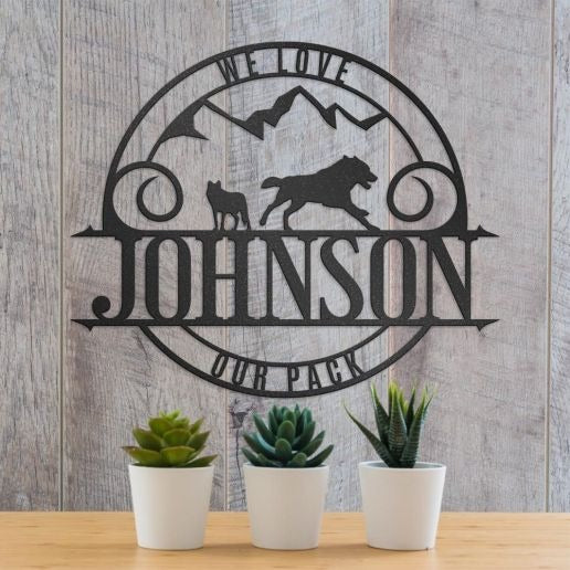 Wolves With Mountains, Personalized Metal Wall Art With Family Name Or Custom Text